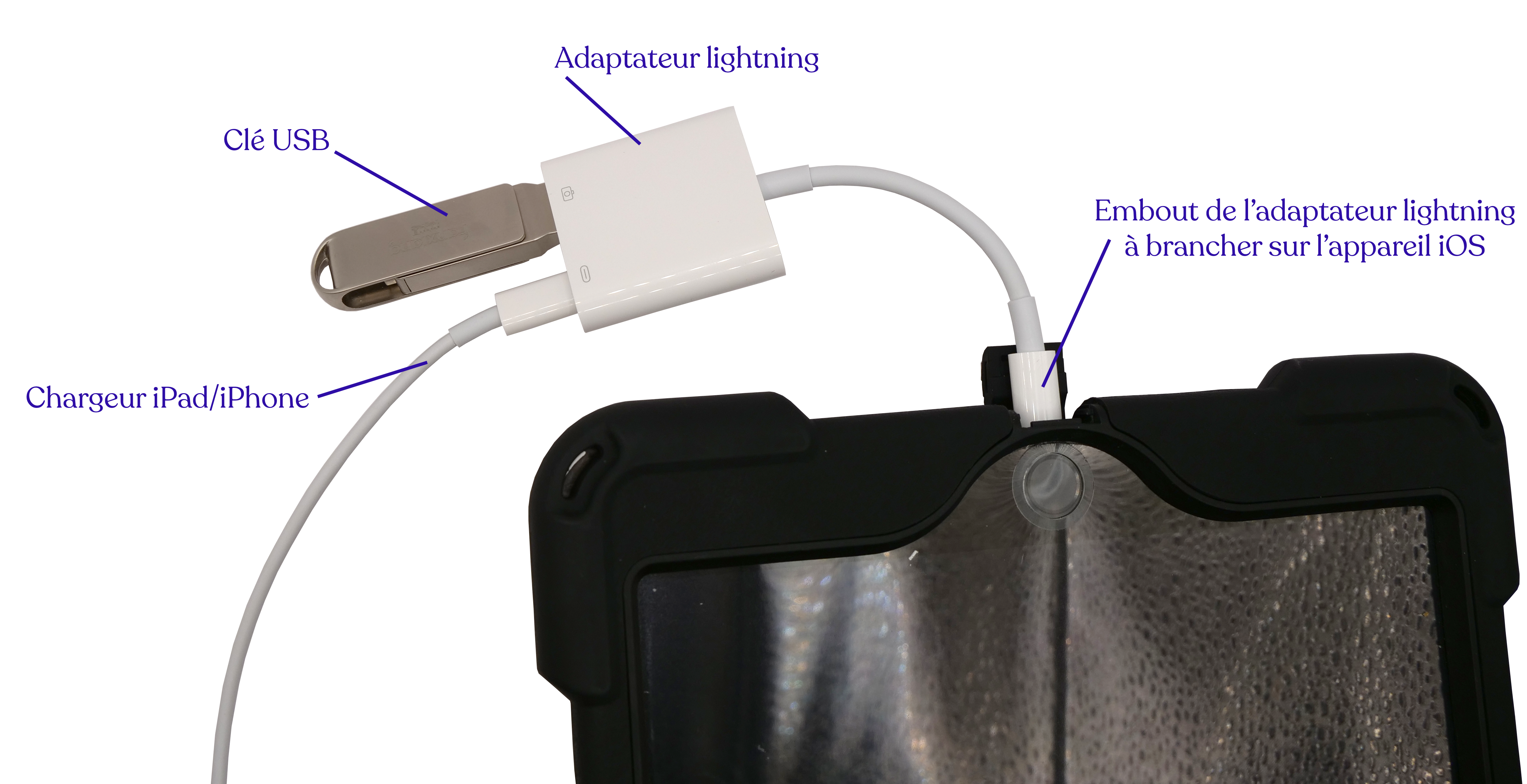 Image qui montre comment brancher les câbles sur l'adaptateur lightning à la tablettre ou au téléphone iOS (connexion ecg)